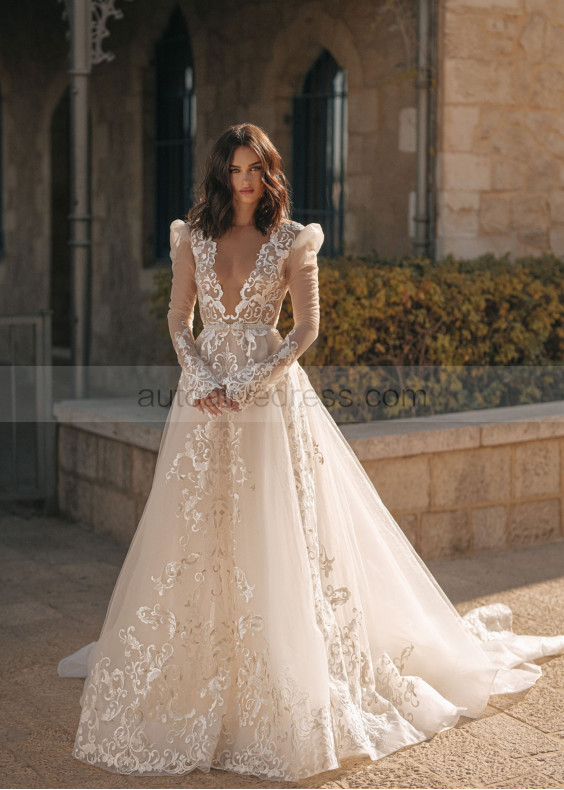 Long Sleeves Ivory Lace Tulle Backless Wedding Dress